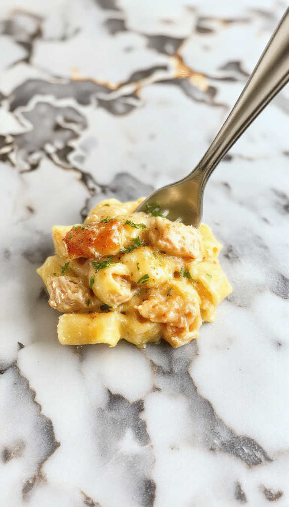 A vibrant plate of creamy chicken pot pie pasta garnished with fresh herbs, showing chunks of tender chicken, flaky golden crust crumbs, and a rich, creamy sauce with vegetables against a rustic wooden background.