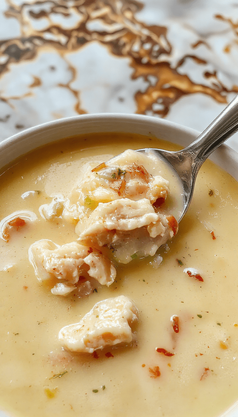 A steaming bowl of creamy chicken pot pie soup topped with flaky pastry crumbles and fresh chopped herbs, served with a warm bread roll on a rustic wooden table.