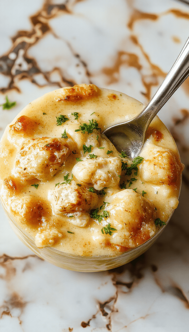 A steaming bowl of creamy chicken pot pie soup garnished with chopped parsley and a flaky pie crust topping on a rustic wooden table, with warm lighting highlighting the rich textures and vibrant vegetables inside.