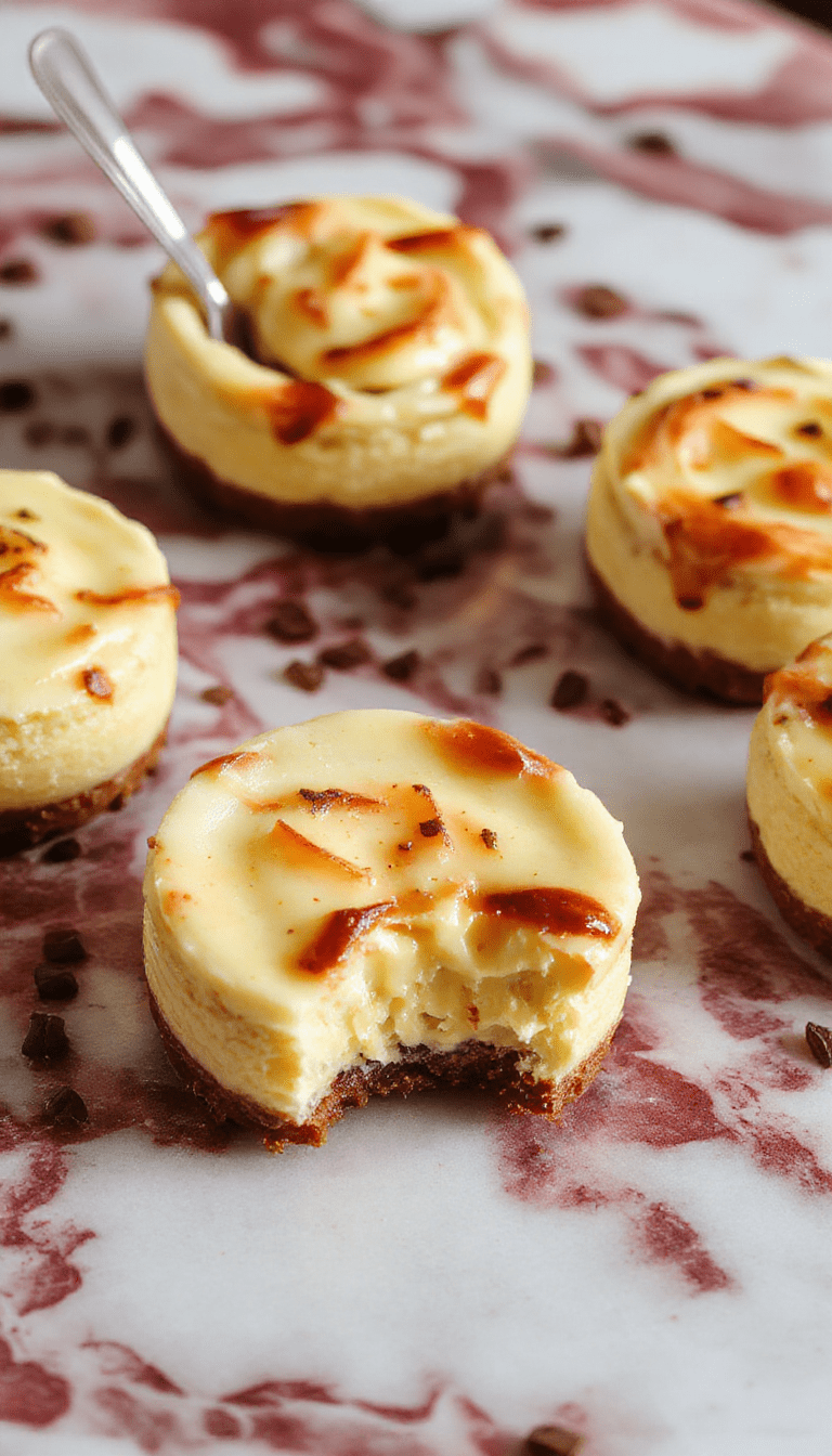 A close-up of six perfectly baked mini cheesecakes nestled in silver cupcake liners, topped with smooth whipped cream and sprinkled with fresh berries. The cheesecakes have a golden crust, creamy filling, and a glossy finish, styled on a marble surface with a subtle blurred background.