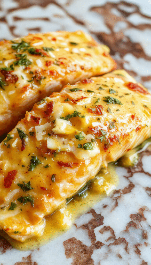 A colorful plate featuring a perfectly cooked salmon fillet topped with a rich, creamy coconut curry sauce. The dish is garnished with fresh herbs and served on a rustic white plate with a side of vibrant vegetables, showcasing glossy textures and a fragrant aroma. The background features a wooden table setting with a drizzle of sauce for visual appeal.