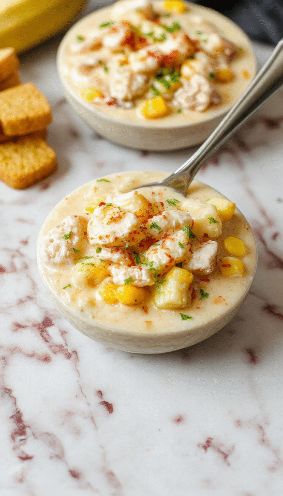 A steaming bowl of creamy chicken corn chowder garnished with chopped green herbs, served on a rustic wooden table. The chowder has a rich, yellowish color with visible chunks of chicken, sweet corn, and diced potatoes, topped with fresh herbs and a drizzle of cream. The bowl is surrounded by fresh ingredients such as corn, chicken breast, and herbs, styled simply for a cozy, inviting presentation.