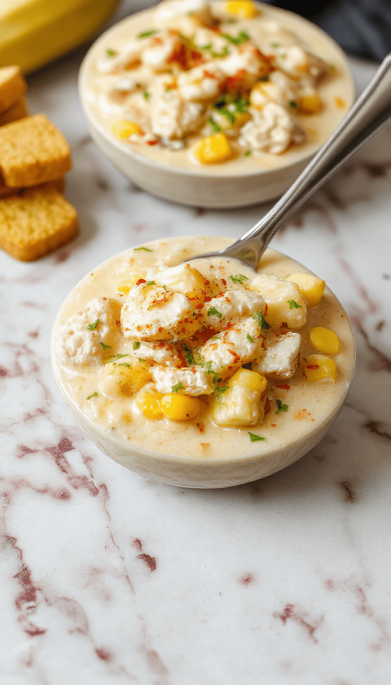 A steaming bowl of creamy chicken corn chowder garnished with chopped green herbs, served on a rustic wooden table. The chowder has a rich, yellowish color with visible chunks of chicken, sweet corn, and diced potatoes, topped with fresh herbs and a drizzle of cream. The bowl is surrounded by fresh ingredients such as corn, chicken breast, and herbs, styled simply for a cozy, inviting presentation.