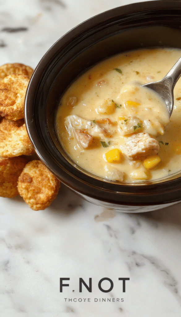 A steaming bowl of creamy chicken corn chowder garnished with fresh herbs, served on a rustic wooden table, with chunks of tender chicken, sweet corn, and a rich broth displaying a velvety texture and vibrant yellow color.