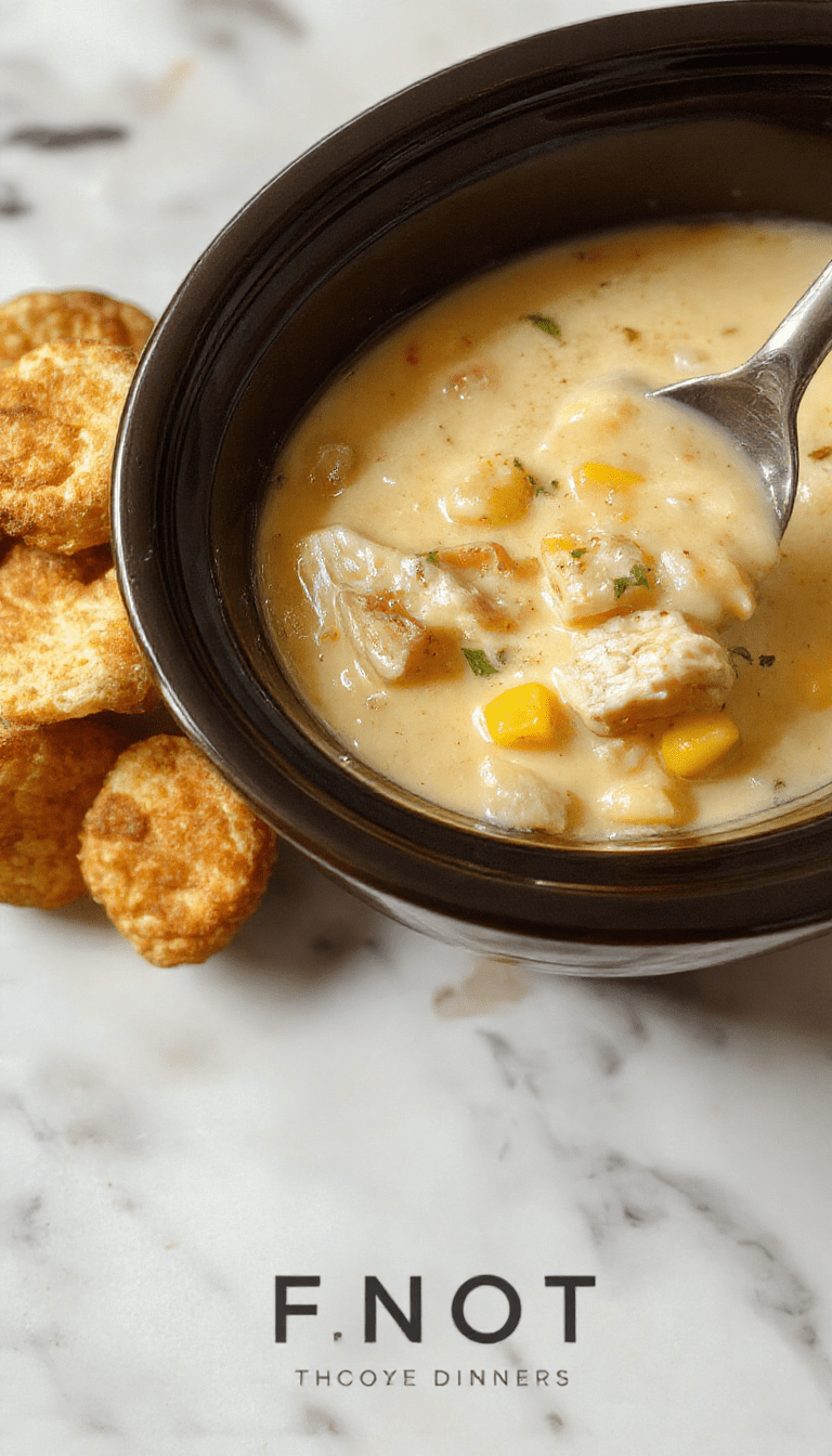 A steaming bowl of creamy chicken corn chowder garnished with fresh herbs, served on a rustic wooden table, with chunks of tender chicken, sweet corn, and a rich broth displaying a velvety texture and vibrant yellow color.