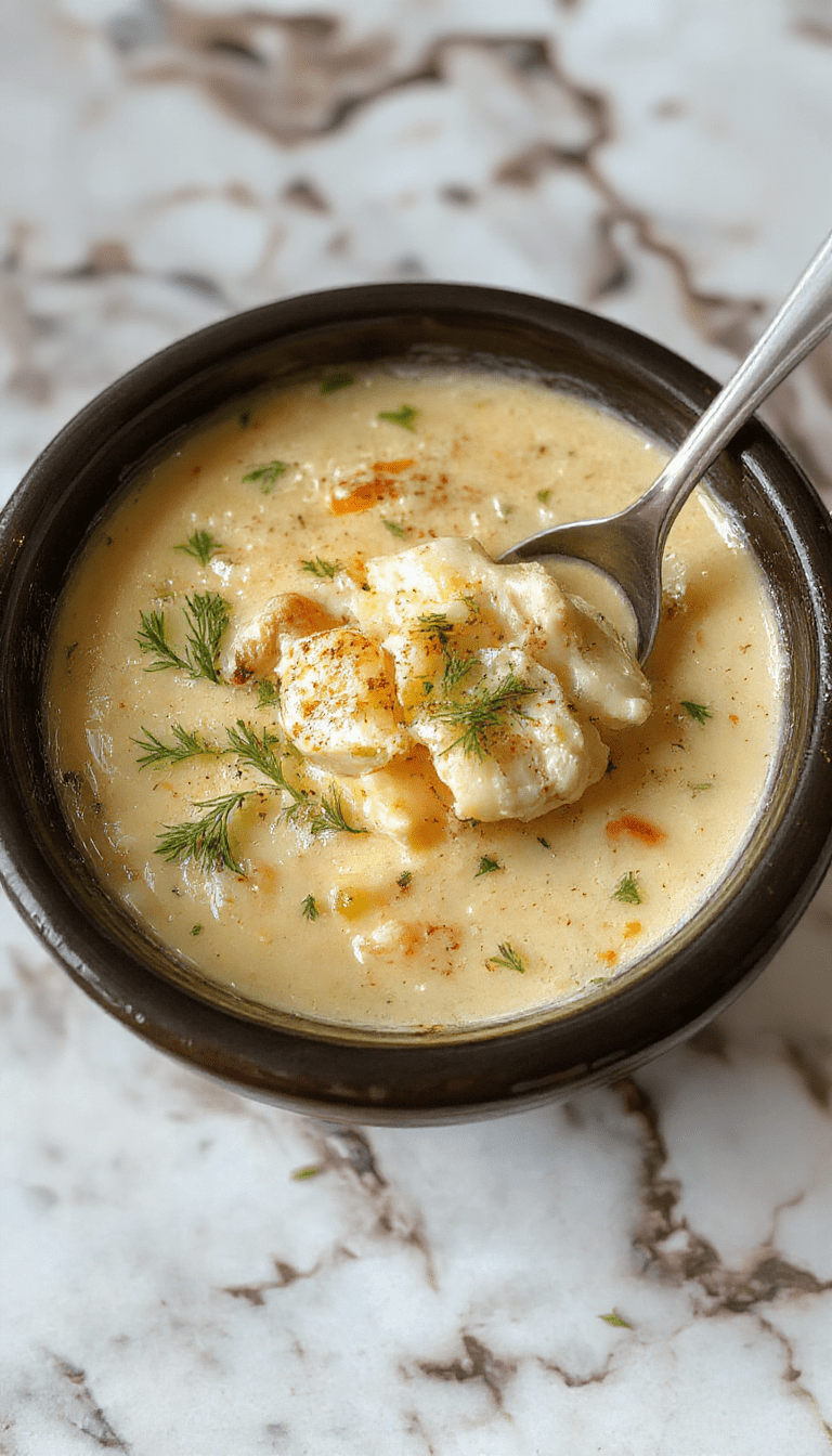 A vibrant bowl of creamy chicken parmesan soup garnished with fresh basil, melted cheese, and crispy bread crumbs, served alongside a steaming slice of garlic bread on a rustic wooden table.