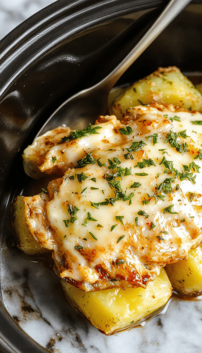 A warm, inviting dish featuring tender shredded chicken and crispy roasted potatoes topped with golden garlic and Parmesan cheese, served on a rustic plate with fresh herbs and a side of steamed vegetables, with a creamy sauce glistening under soft lighting.