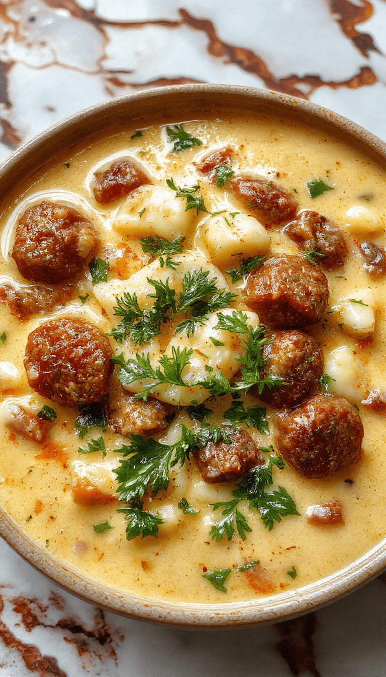 A vibrant bowl of creamy Italian sausage gnocchi soup showcasing golden-brown sausage pieces, soft plump gnocchi floating in a rich, beige broth garnished with fresh herbs and grated cheese, styled in a rustic white bowl on a dark wooden table.