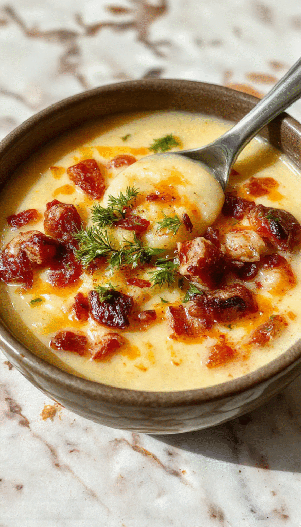 A steaming bowl of creamy loaded potato soup with golden brown bacon bits, shredded cheese, chopped green onions, and a dollop of sour cream on top, presented in a rustic white bowl on a wooden table with fresh herbs scattered around, highlighting the rich textures and vibrant toppings.