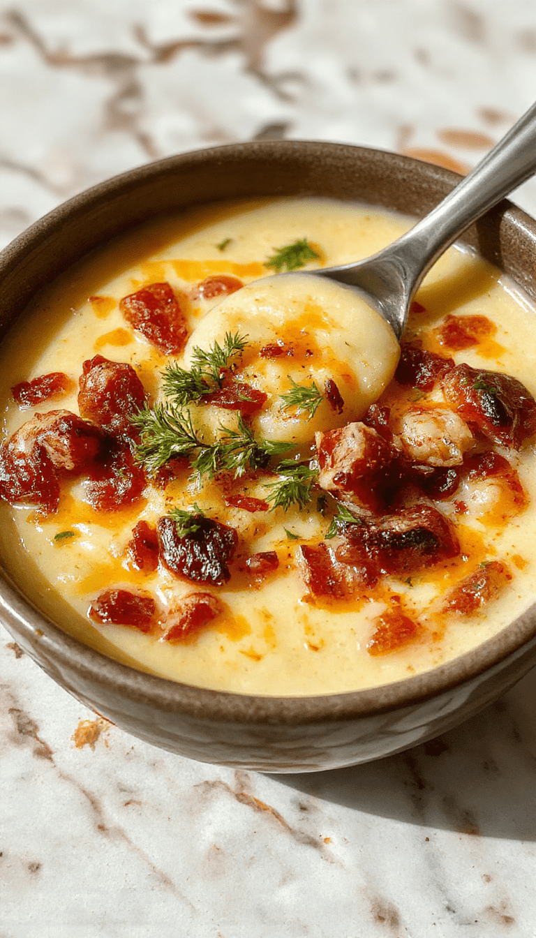 A steaming bowl of creamy loaded potato soup with golden brown bacon bits, shredded cheese, chopped green onions, and a dollop of sour cream on top, presented in a rustic white bowl on a wooden table with fresh herbs scattered around, highlighting the rich textures and vibrant toppings.