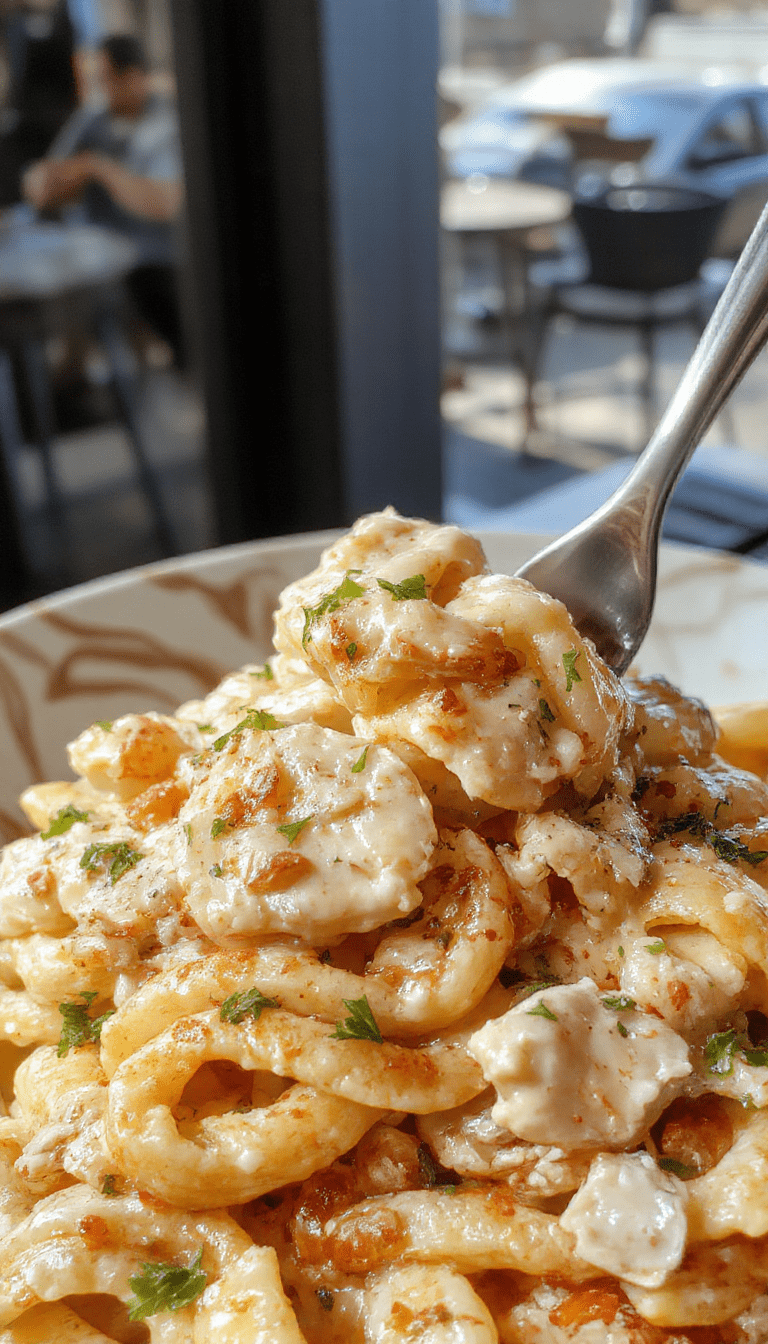 A close-up of a creamy chicken pasta served on a white plate, topped with fresh herbs and grated cheese. The sauce is rich and smooth, clinging to tender pasta and succulent chicken pieces. The vibrant garnishes add color contrast against the creamy backdrop, with a rustic wooden table and subtle lighting enhancing the inviting appeal.