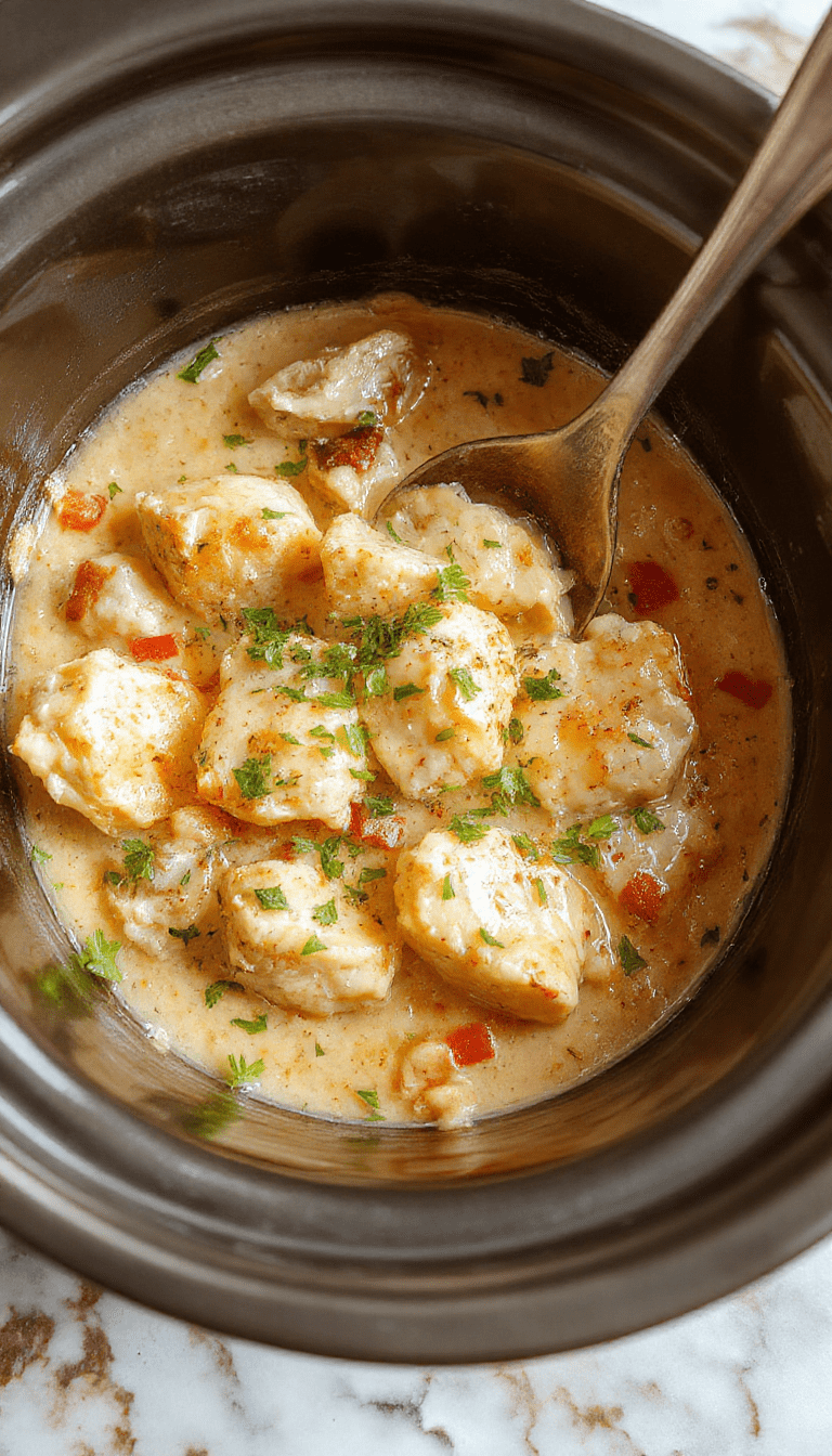 A vibrant image of a creamy white chicken dish garnished with fresh herbs, served in a rustic white bowl on a wooden table, with pieces of tender chicken covered in rich sauce, surrounded by fresh garlic, herbs, and a sprinkling of black pepper, styled in a cozy, inviting setting