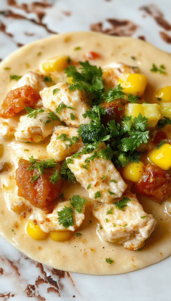 A vibrant bowl of white chicken chili topped with grilled corn, fresh cilantro, and a drizzle of sour cream, served with crispy tortilla chips on a rustic wooden table.
