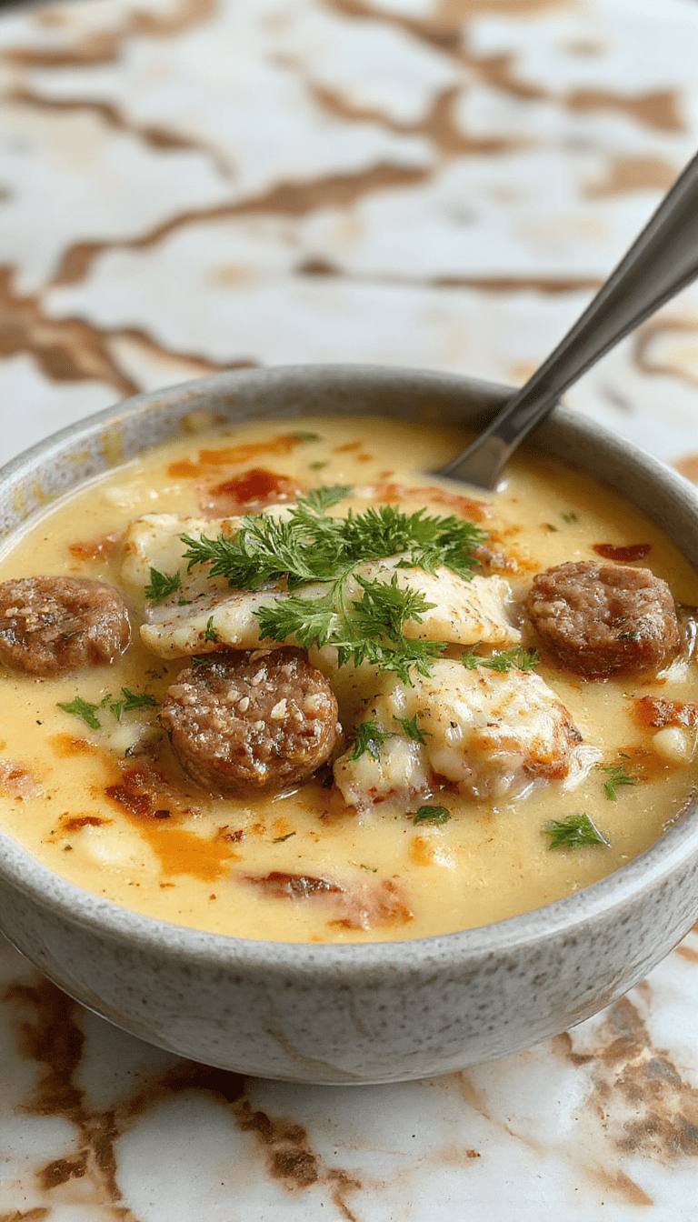 A vibrant bowl of creamy Italian sausage soup topped with shredded Parmesan cheese, fresh herbs, and slices of cooked sausage, served on a rustic wooden table with a spoon and a slice of crusty bread in the background, rich and inviting textures with a colorful garnish.
