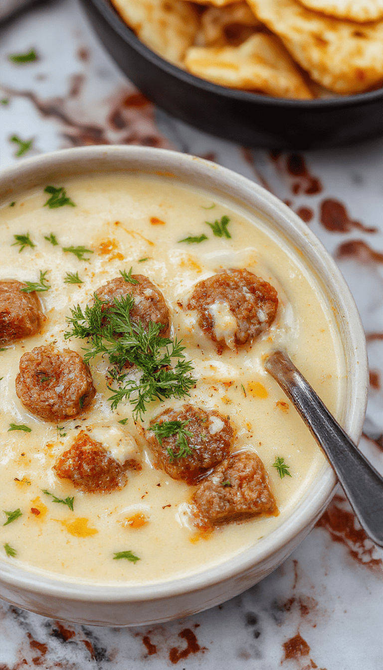 A steaming bowl of creamy Italian sausage soup topped with grated Parmesan cheese and fresh herbs, showing a rich, velvety texture with chunks of sausage, vegetables, and melted cheese, presented on a rustic wooden table with a side of crusty bread.