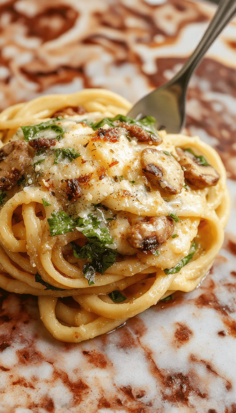 A vibrant plate of creamy Parmesan spinach mushroom pasta featuring al dente pasta topped with fresh spinach, sautéed mushrooms, and a sprinkle of grated Parmesan cheese, served in a rustic skillet with a garnish of herbs and a drizzle of olive oil, showcasing rich textures and bright colors.