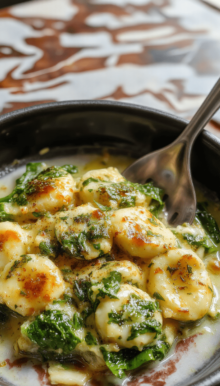 A vibrant dish featuring golden-brown baked gnocchi topped with melted cheese, drizzled with bright green basil pesto, and scattered fresh spinach leaves on a rustic wooden platter, styled with a sprinkle of parmesan and fresh basil leaves for contrast
