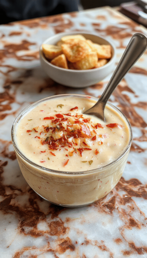 A beautifully styled bowl of creamy Reuben soup featuring a smooth, rich soup surface topped with melted Swiss cheese, slices of corned beef, bright sauerkraut, and a sprinkle of fresh herbs, served alongside crusty bread rolls, all in a rustic wooden bowl with a cozy kitchen background.