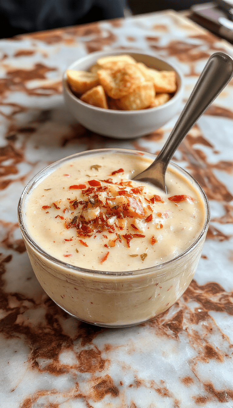 A beautifully styled bowl of creamy Reuben soup featuring a smooth, rich soup surface topped with melted Swiss cheese, slices of corned beef, bright sauerkraut, and a sprinkle of fresh herbs, served alongside crusty bread rolls, all in a rustic wooden bowl with a cozy kitchen background.