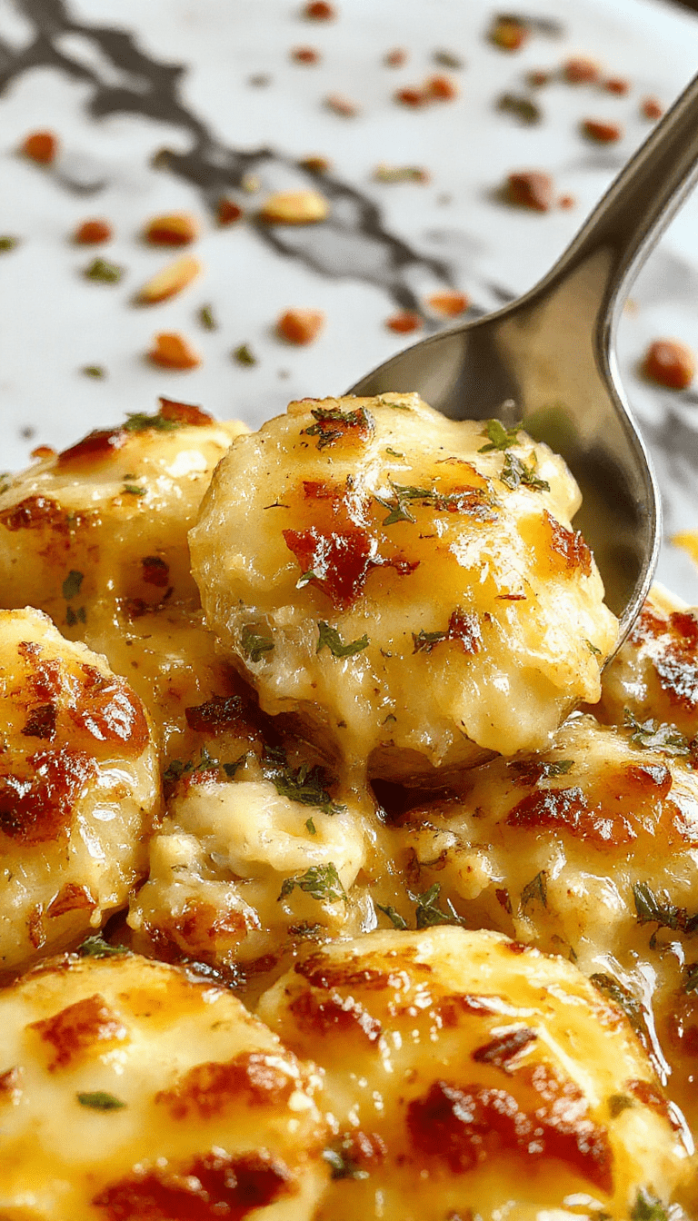 A close-up shot of a golden-brown potato gratin topped with melted cheese and crispy roasted garlic slices, styled on a rustic wooden platter with fresh herbs and a drizzle of creamy sauce, vibrant golden hues with hints of green from herbs, inviting and warm presentation.