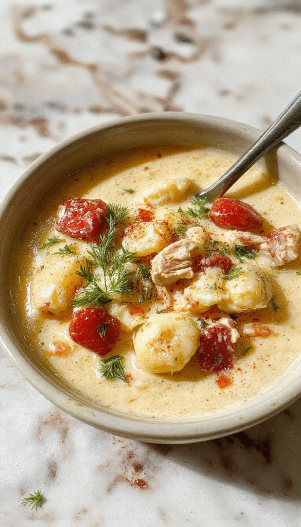 A steaming bowl of creamy rotisserie chicken gnocchi soup garnished with fresh herbs on a rustic wooden table, with soft lighting highlighting the velvety texture of the soup and plump gnocchi floating atop.