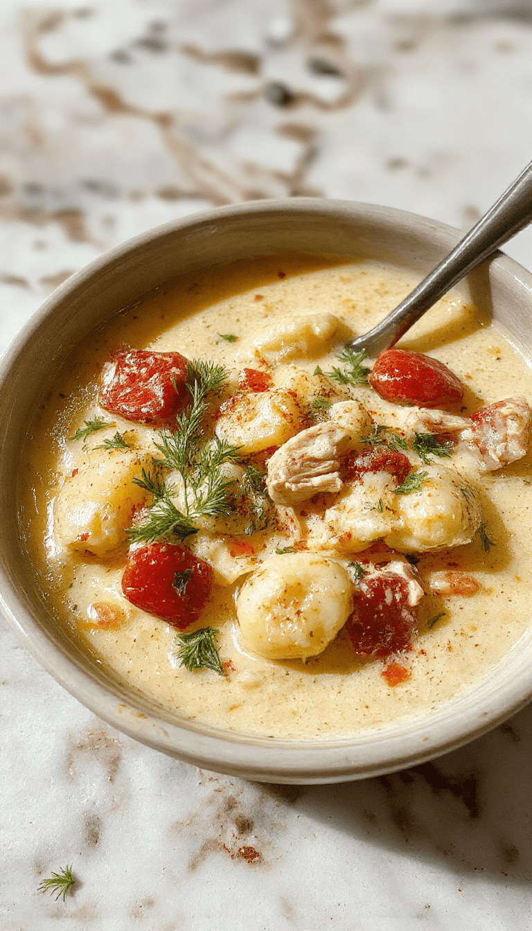 A steaming bowl of creamy rotisserie chicken gnocchi soup garnished with fresh herbs on a rustic wooden table, with soft lighting highlighting the velvety texture of the soup and plump gnocchi floating atop.