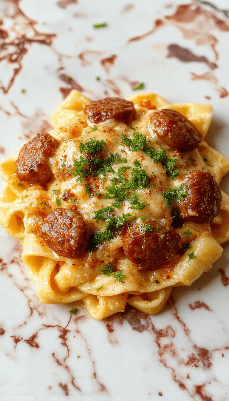 A close-up of a bubbling creamy sausage rigatoni dish in a white ceramic bowl, topped with grated Parmesan and fresh parsley, with a rustic wooden table background and a spoon resting on the side.