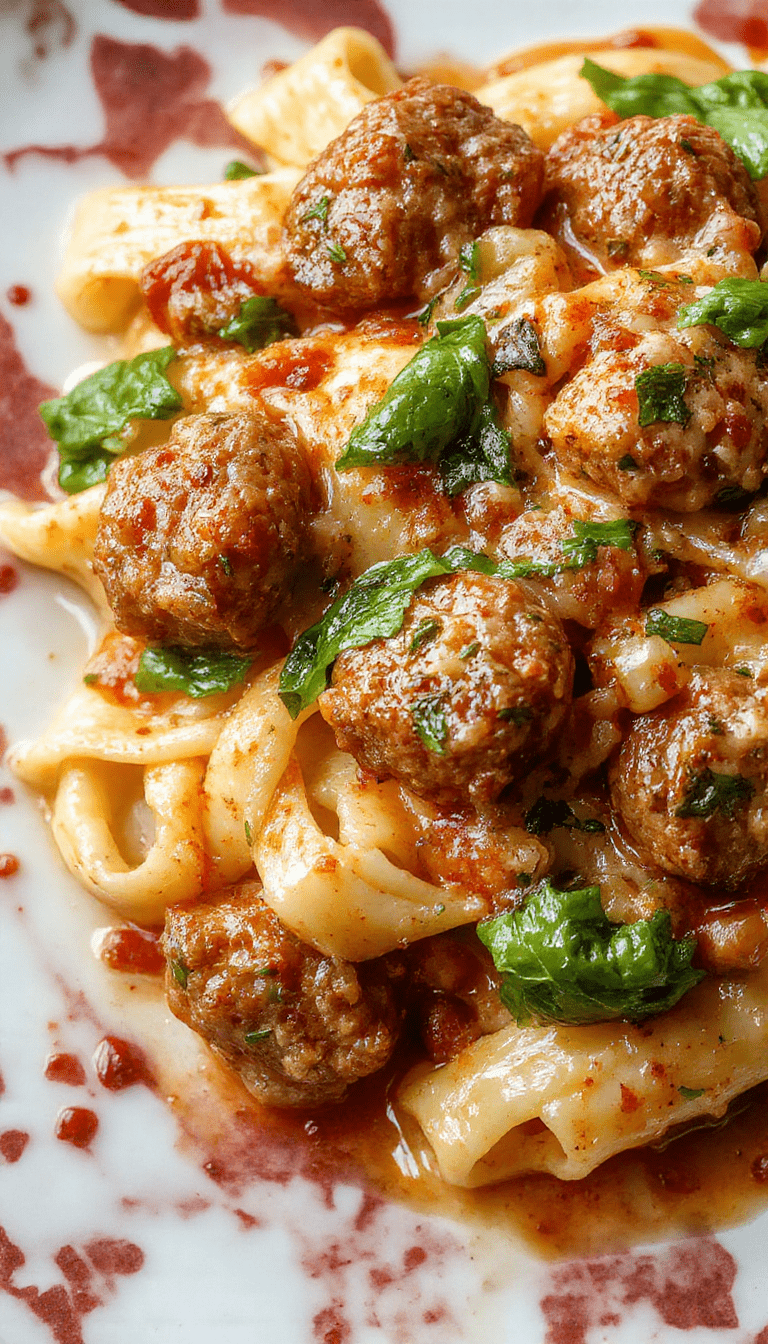 A vibrant plate of creamy sausage rigatoni with fresh spinach, cherry tomatoes, and a rich garlic cream sauce garnished with grated cheese and chopped herbs, styled on a rustic wooden table with basil leaves and garlic cloves enhancing the presentation.