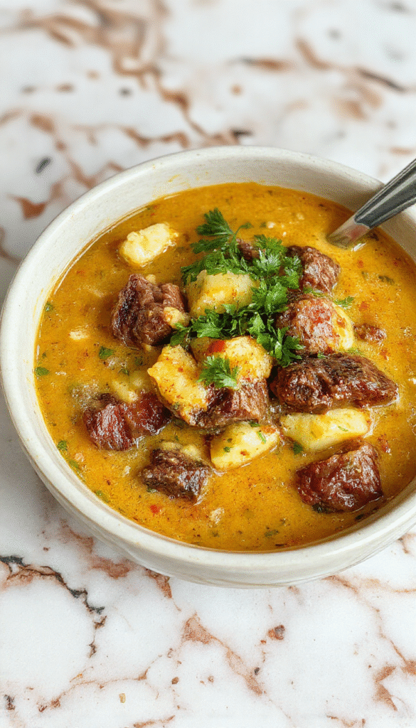 A vibrant bowl of beef coconut curry showcasing tender beef chunks immersed in a rich, creamy coconut sauce with hints of red and green chili, garnished with fresh cilantro, served on a rustic wooden plate with a side of jasmine rice and a lime wedge, styled beautifully with a spoon and colorful spices scattered around.