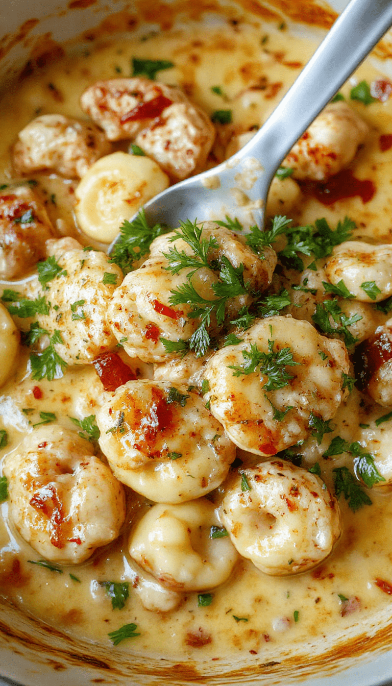 Colorful image of a steaming bowl of spicy garlic butter chicken tortellini garnished with fresh herbs, served in a rustic white dish with a wooden spoon, showcasing the creamy, vibrant sauce and tender tortellini, styled on a dark textured background.