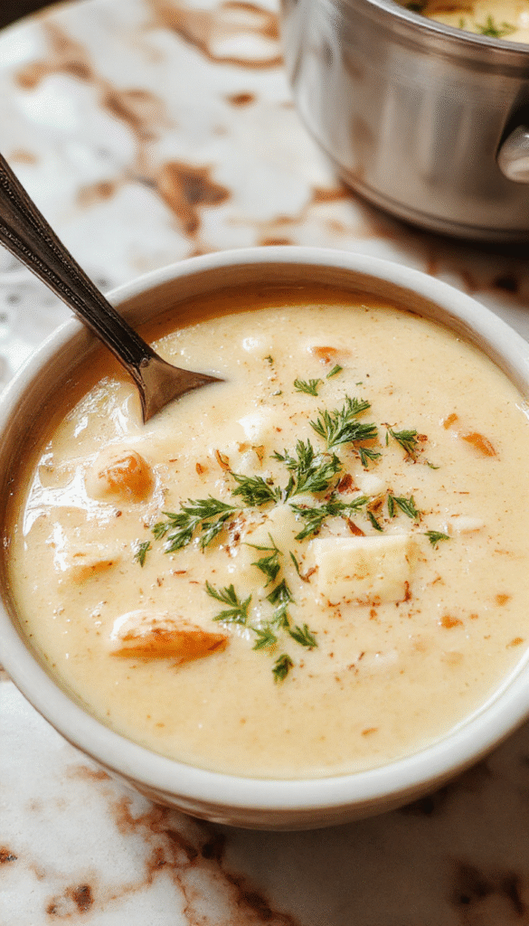 A vibrant bowl of Tuscan Parmesan Cream Soup garnished with fresh basil and grated Parmesan cheese, with a creamy texture and golden-brown crust on top, served on a rustic wooden table with a spoon and a slice of crusty bread beside it.