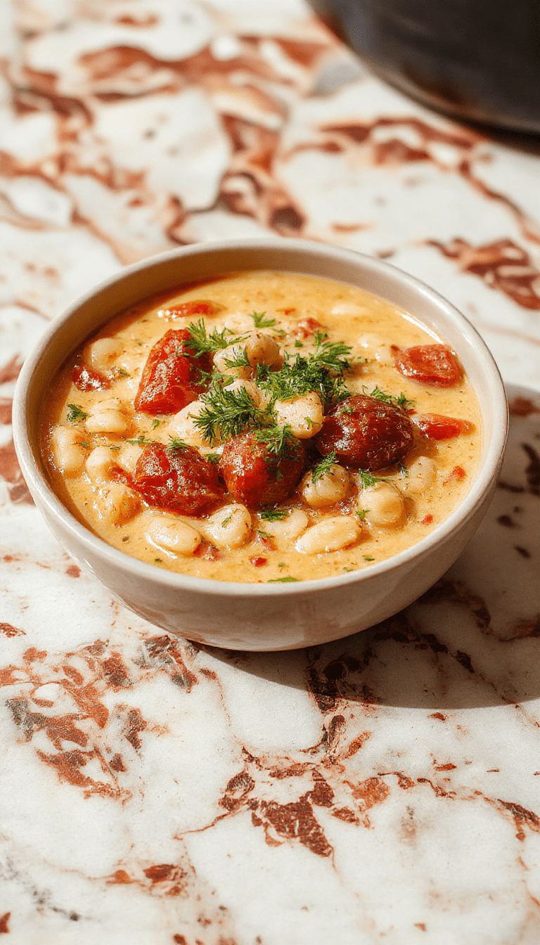 A vibrant bowl of creamy vegan tomato white bean stew featuring a rich orange-red tomato sauce with tender white beans, garnished with fresh herbs, served in a rustic white bowl on a wooden surface, with steaming hot stew showing a velvety texture with pieces of tomato and beans visible, accompanied by a sprig of basil for garnish