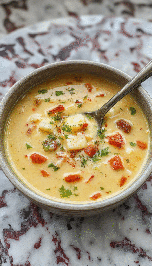 A vibrant bowl of creamy vegetable soup garnished with fresh herbs, displaying an array of colorful vegetables like carrots, spinach, and zucchini, served in a rustic white bowl on a wooden table, with a spoon resting beside it, conveying warmth and freshness
