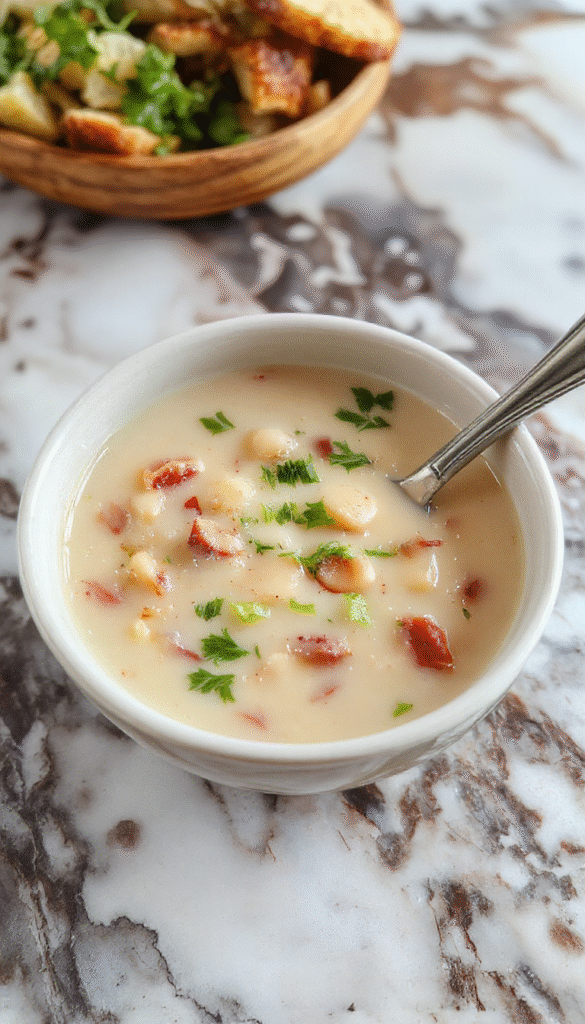 A bowl of creamy white bean soup garnished with fresh herbs, served on a rustic wooden table with crusty bread on the side, steam rising gently, showcasing smooth textures and vibrant green herbs for contrast.