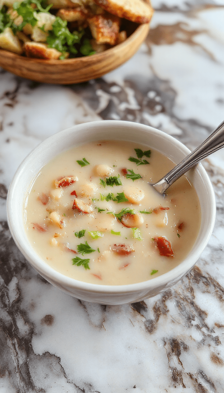 A bowl of creamy white bean soup garnished with fresh herbs, served on a rustic wooden table with crusty bread on the side, steam rising gently, showcasing smooth textures and vibrant green herbs for contrast.