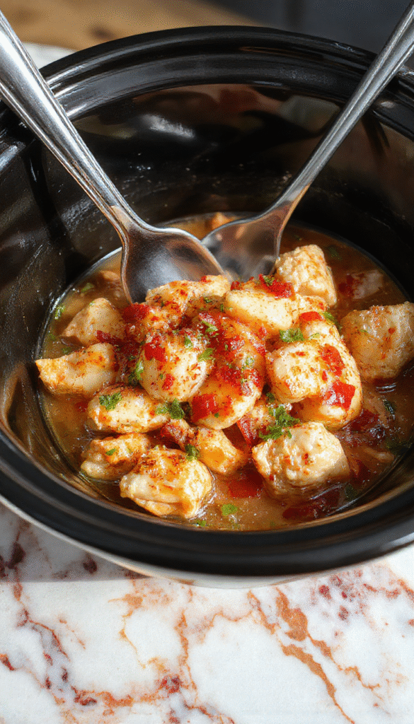 A close-up of a beautifully plated crock pot marry me chicken dish featuring tender chicken breasts smothered in a creamy, savory sauce garnished with fresh herbs, served on a rustic wooden table with vibrant side garnishes.