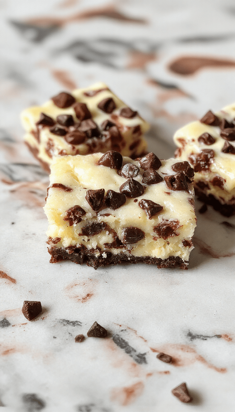 A close-up of luscious chocolate chip cheesecake bars arranged on a white plate. The bars have a creamy, golden-yellow filling with chocolate chips visible throughout, topped with a glossy chocolate glaze and garnished with a sprinkle of chopped nuts. The background features a rustic wooden table and a fork resting beside the bars, with soft natural lighting highlighting their texture.