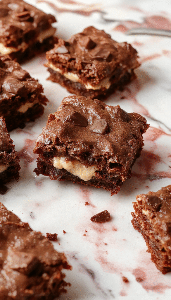 A close-up of a sliced chocolate mousse brownie showing three distinct creamy layers topped with a glossy chocolate glaze, garnished with cocoa powder, set on a rustic wooden surface with a fork beside it.