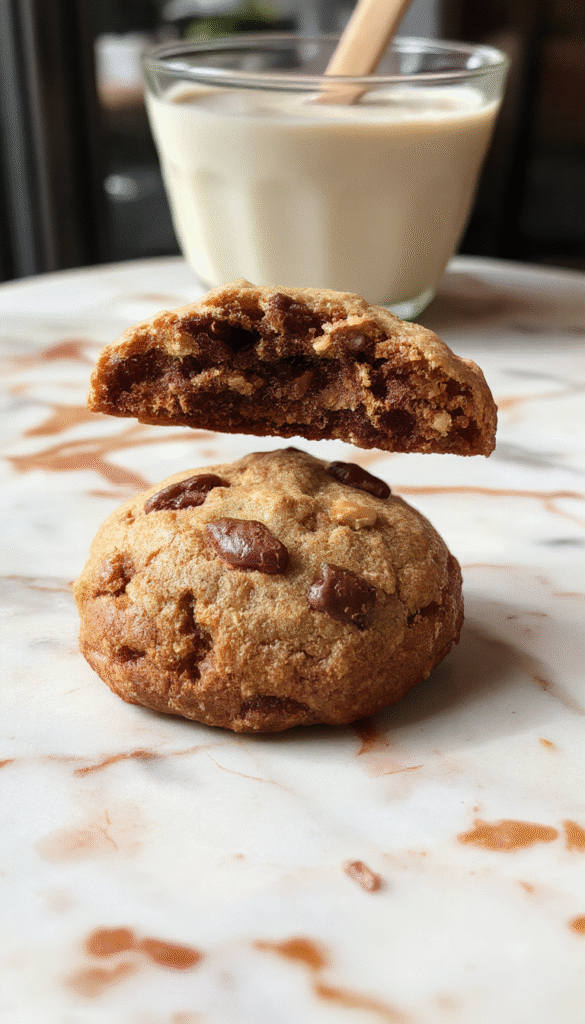 A close-up of a freshly baked chocolate walnut cookie showcasing a golden-brown crust, chunks of melty chocolate, and chopped walnuts on top, perfectly styled on a rustic white plate with a crumbly texture visible, complemented by a blurred background of baking ingredients and a wooden table surface.