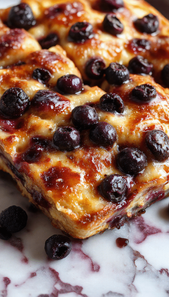 A vibrant, golden-brown French toast casserole topped with fresh blueberries and a dusting of powdered sugar, served on a rustic white plate with syrup drizzled over the top, garnished with mint leaves, set on a cozy breakfast table with a glass of orange juice and a fork.