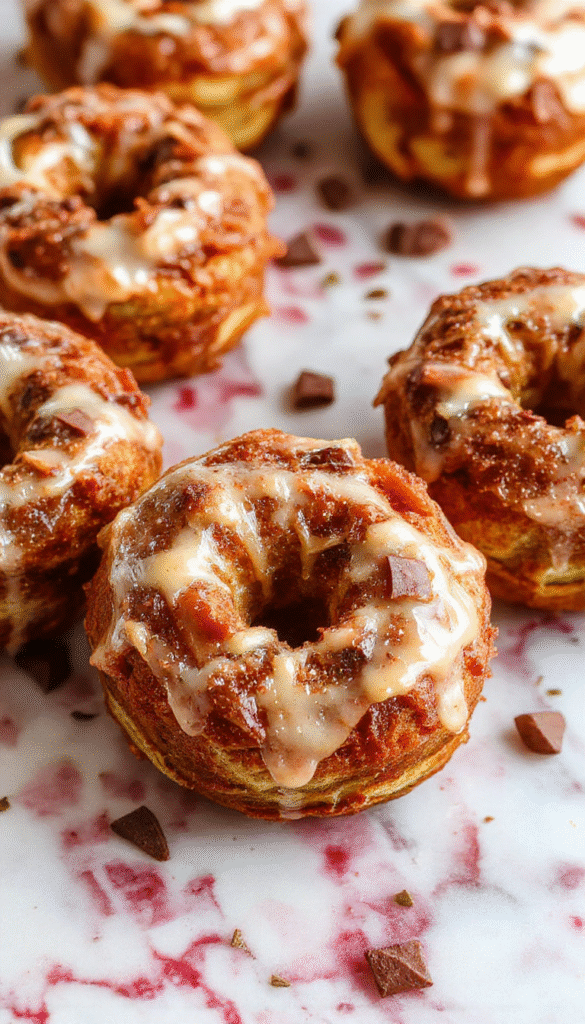 A golden brown monkey bread pulled apart to reveal soft, gooey interior pieces coated with cinnamon sugar, arranged on a white plate with a rustic wooden background, topped with a drizzle of glaze and fresh berries, styled in a cozy, inviting setting with natural lighting.