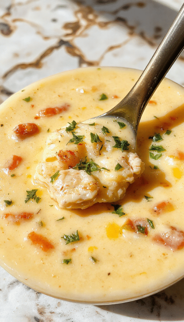A vibrant bowl of creamy Chicken Soup garnished with fresh herbs and cracked black pepper, served on a rustic wooden table with a spoon resting beside it, steam gently rising, highlighting its rich, velvety texture and colorful ingredients.