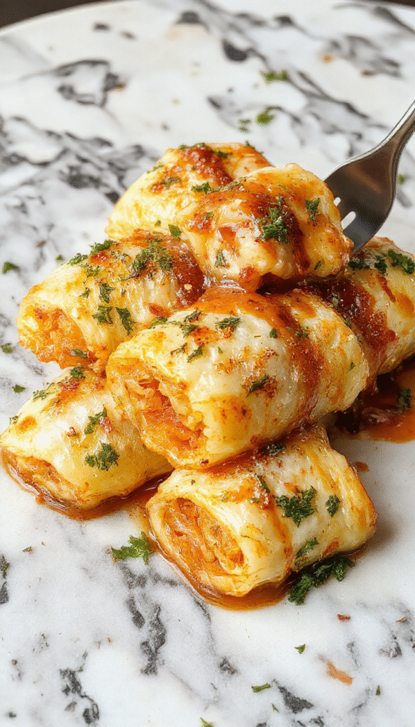 Vivid image of neatly rolled cabbage leaves filled with savory mixture, arranged on a white plate with a side of fresh herbs. The vibrant green cabbage contrasts with the rich, browned filling, showcasing a comforting and appetizing presentation with a rustic kitchen background.