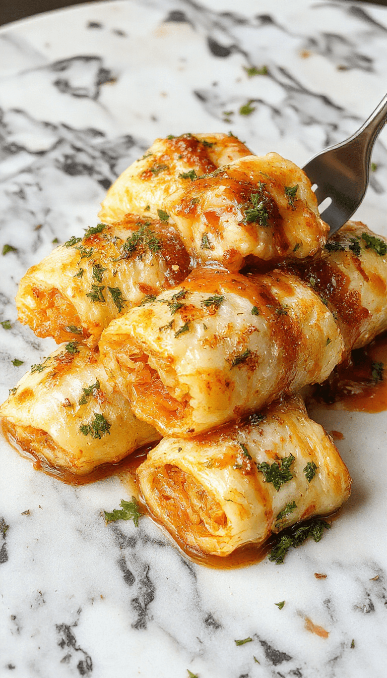 Vivid image of neatly rolled cabbage leaves filled with savory mixture, arranged on a white plate with a side of fresh herbs. The vibrant green cabbage contrasts with the rich, browned filling, showcasing a comforting and appetizing presentation with a rustic kitchen background.