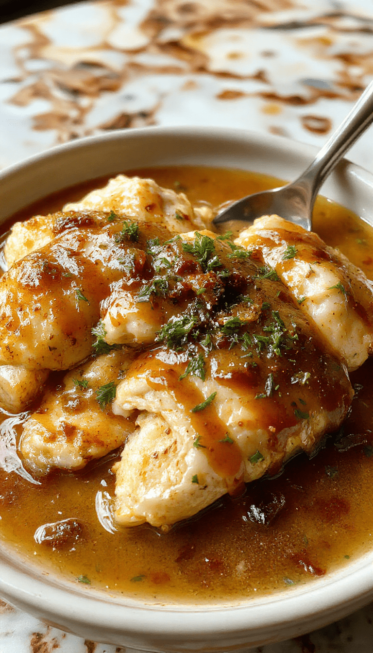 A hearty serving of shredded chicken smothered in rich gravy on a rustic white plate, garnished with chopped herbs, with a slow cooker in the background and steam rising, styled on a wooden table with natural lighting highlighting the tender textures and glossy sauce.