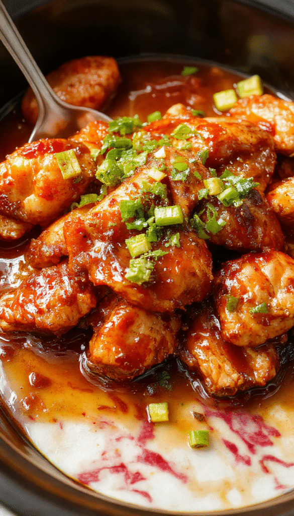 A vibrant plate featuring tender shredded crockpot teriyaki chicken glazed with glossy sauce, garnished with sesame seeds and chopped green onions, served alongside steamed rice and colorful steamed vegetables on a rustic wooden table.