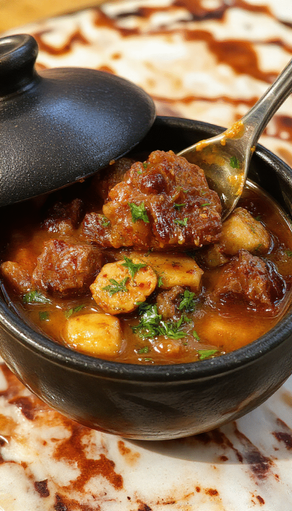 A dark, mystical cauldron filled with rich beef stew, garnished with fresh herbs and vibrant vegetables, set on a rustic wooden table with a smoky ambiance and magical decor.