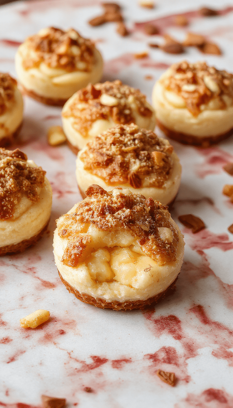 A close-up of four mini cheesecakes topped with golden-brown apple crisp topping, garnished with cinnamon sticks and fresh apple slices on a rustic wooden plate, with a scoop of vanilla ice cream beside them, vibrant fall colors and textured toppings conveying warmth and comfort.