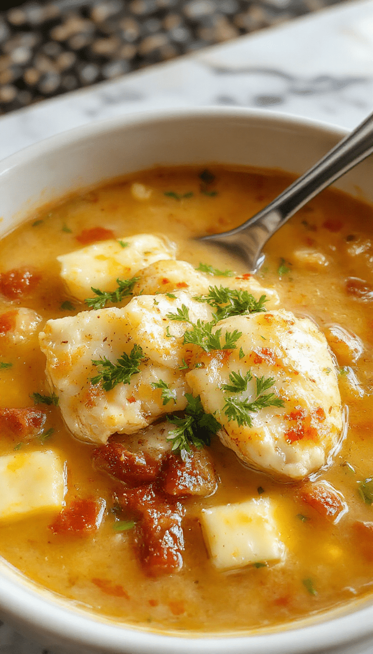 A hearty bowl of chicken parmesan soup with chunks of tender chicken, melted gooey cheese, vibrant tomato sauce, topped with fresh basil leaves, served on a rustic wooden table with a side of crusty bread.