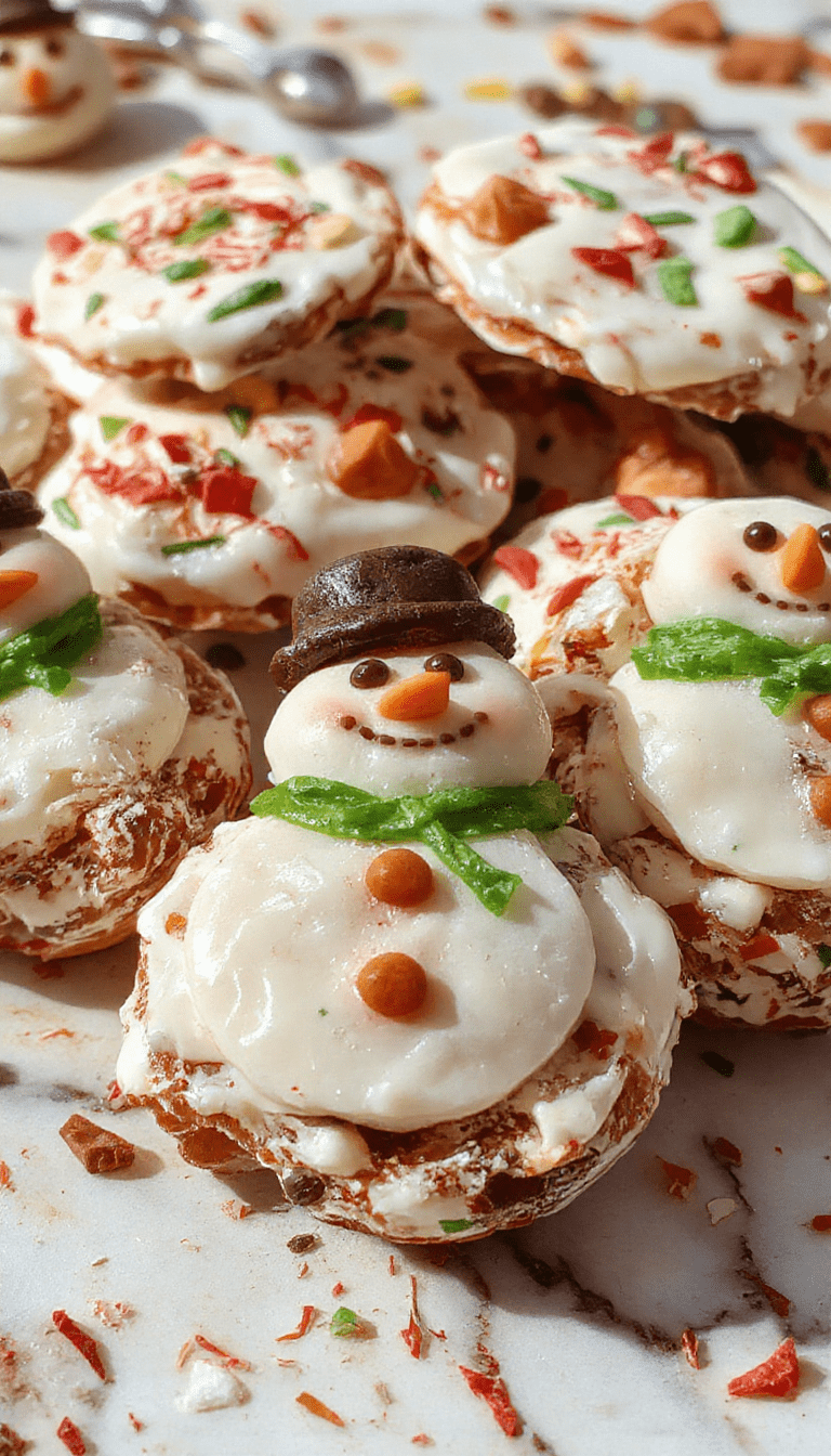 Colorful Christmas Snowman Bark displayed on a festive plate, featuring layered chocolate decorated with white snowman faces, colorful candy accents, and sprinkles, styled with holiday-themed decorations around.